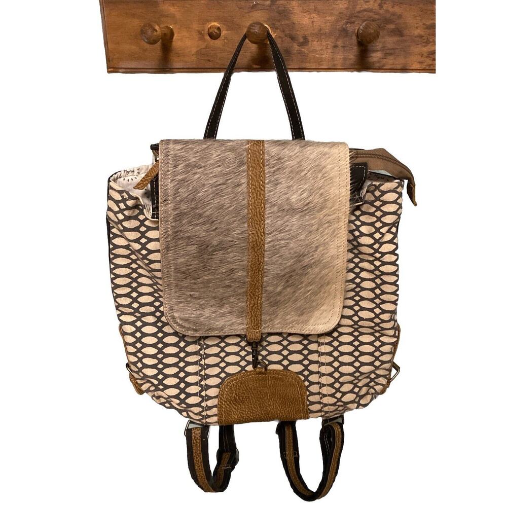 Myra Bag Western Backpack Upcycled Leather Canvas Cowhide Zip Flap Hair On, Boho